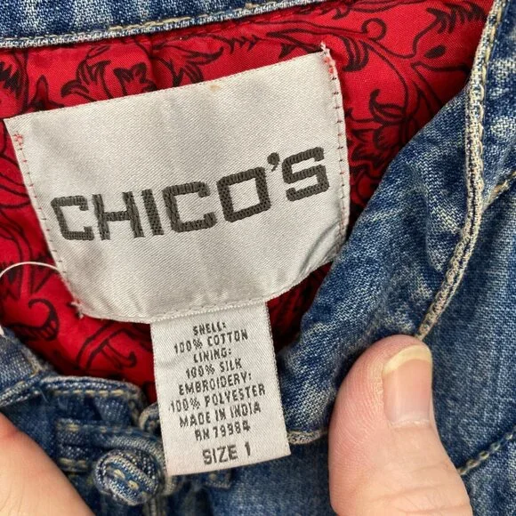 Chicos Jacket Womens 1 US 8 Blue Denim Medium Wash Embroidered Silk Lined Pocket - Picture 6 of 10